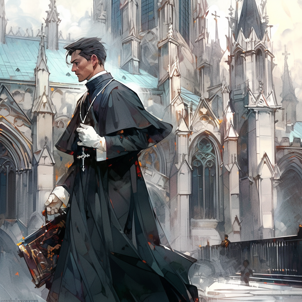 Male Filipino priest with smoldering censer walking past gothic cathedral