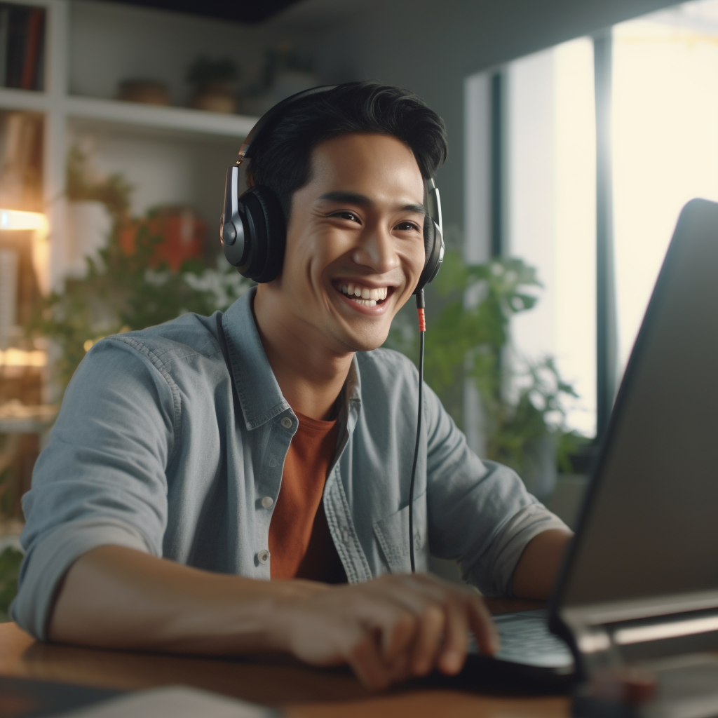 Filipino man working on computer in living room