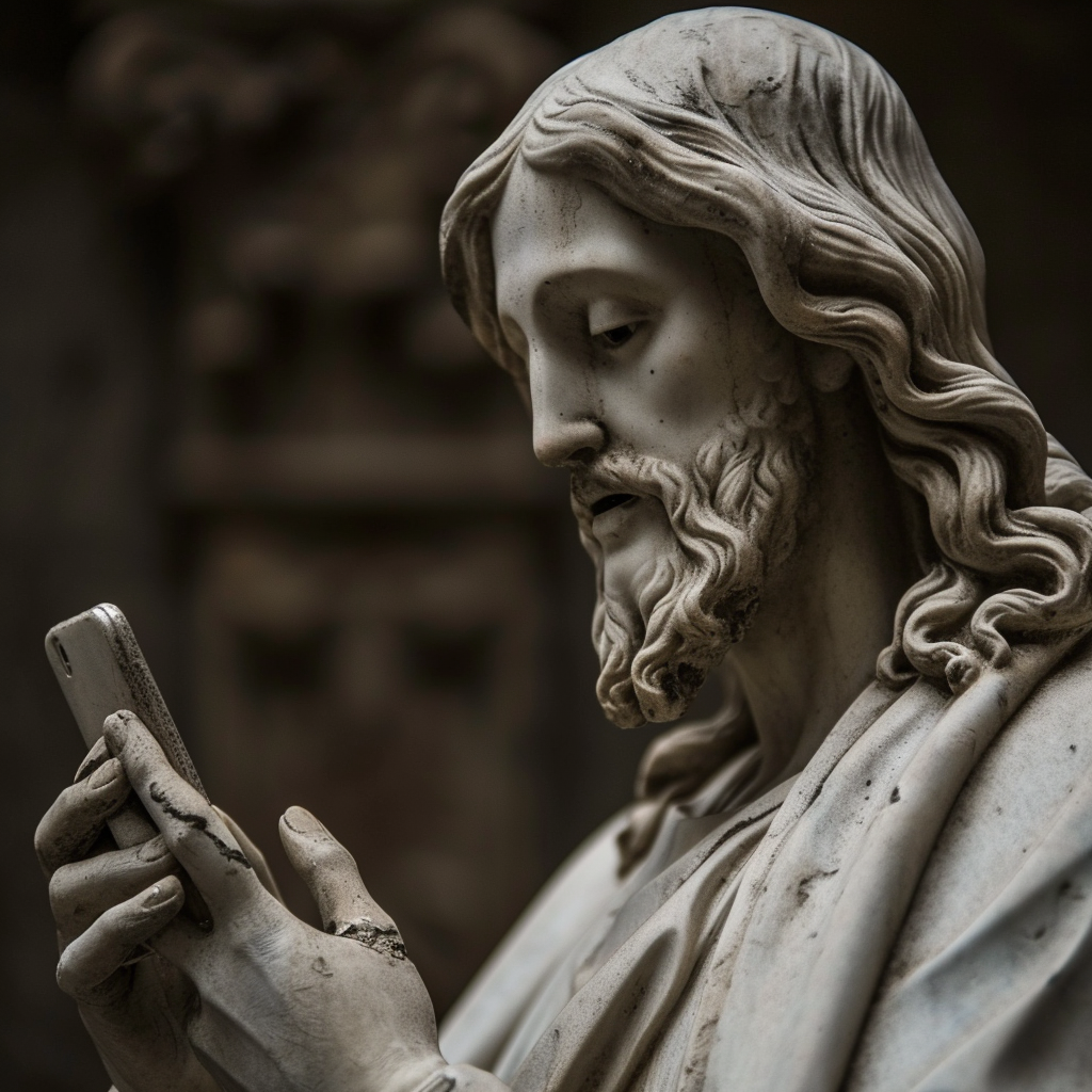 Close-up of Jesus Christ with Mobile Phone