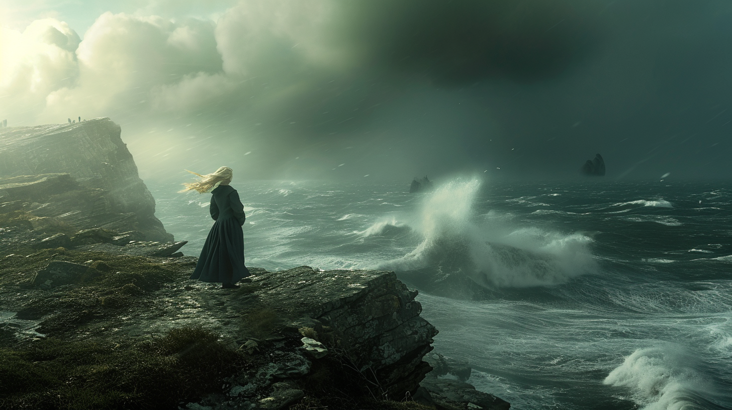 Emma on windswept cliff by the sea