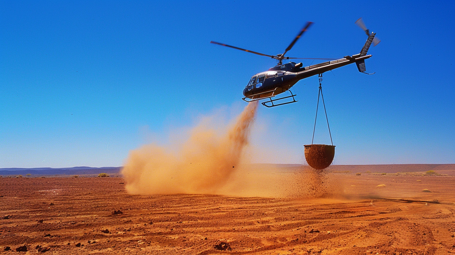 Helicopter carrying dirt bucket in Australia