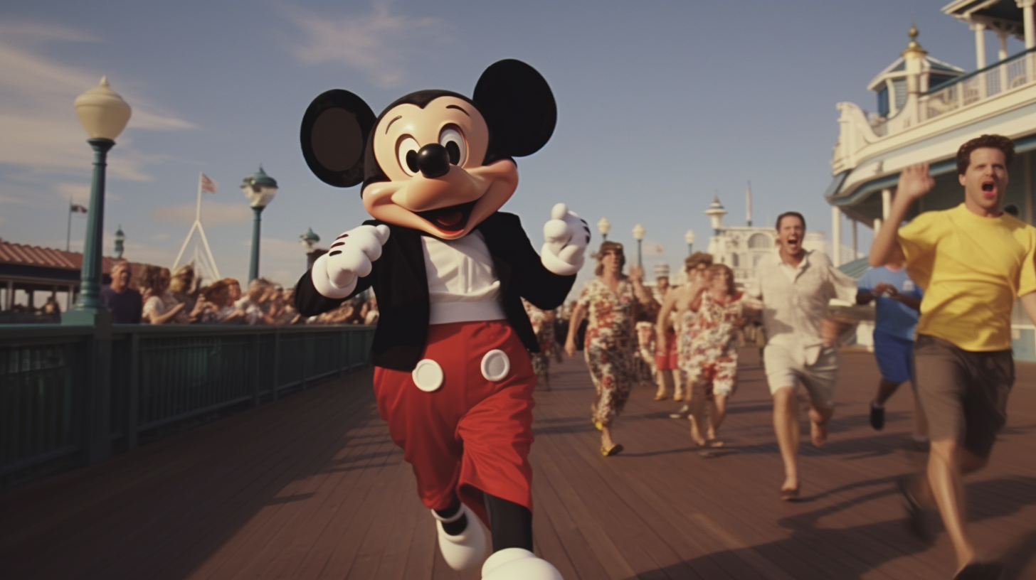 Film still of a guy in knock off Mickey Mouse costume running at a sea-themed theme park in Orlando, Florida