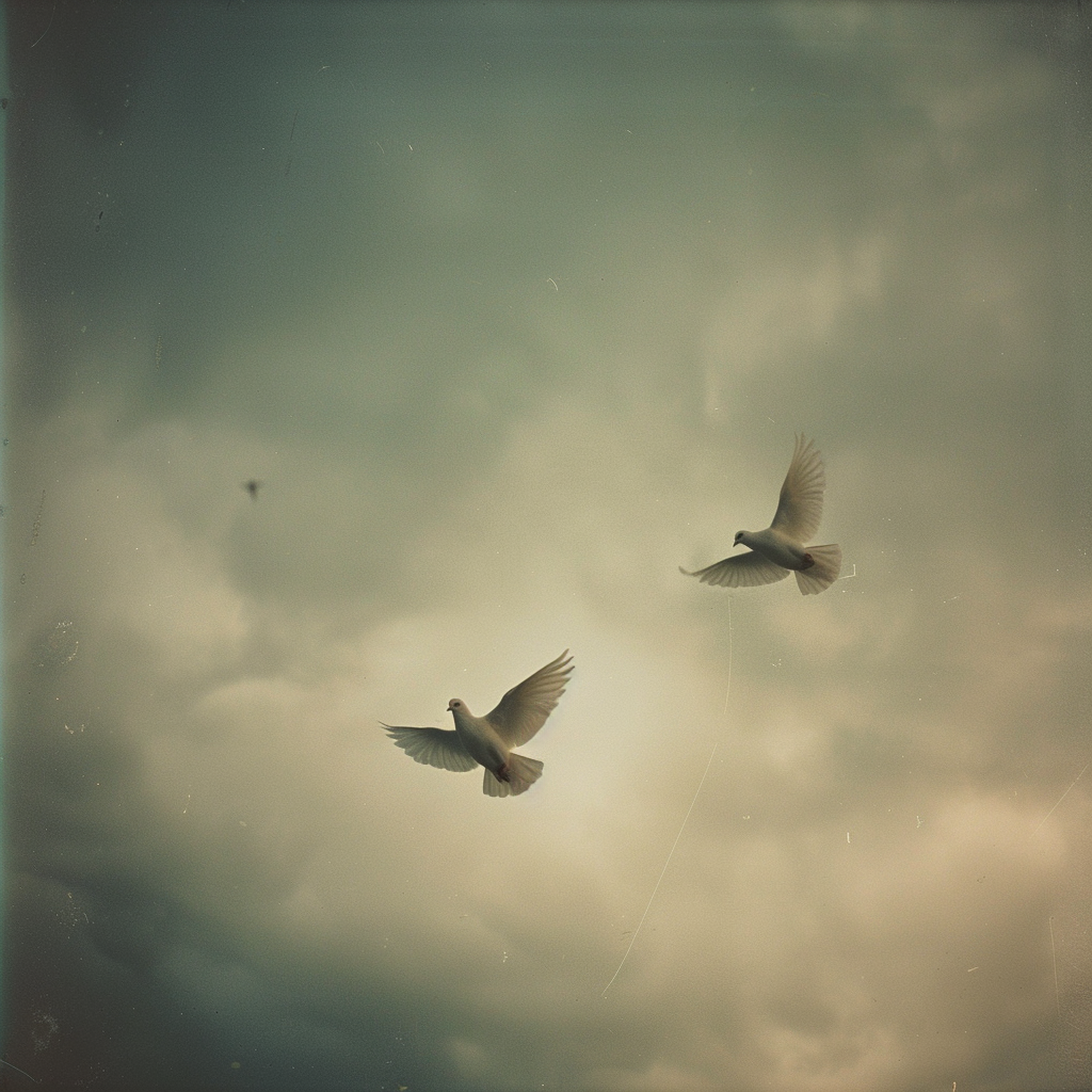 Moody stormy sky with flying doves