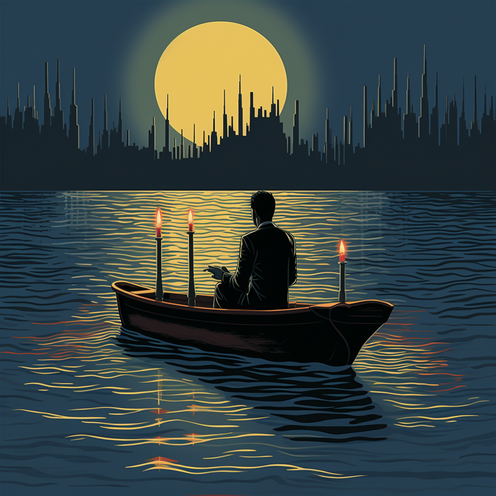 Man on Boat surrounded by Financial Chart Candlesticks