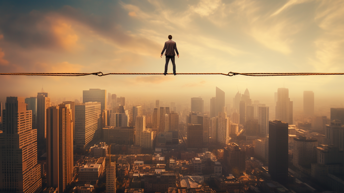 Tightrope walker balancing over cityscape