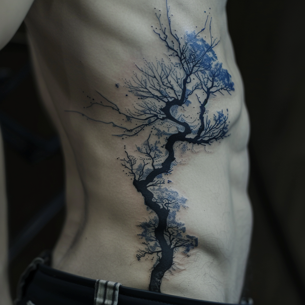 Fine line tattoo on man's ribs