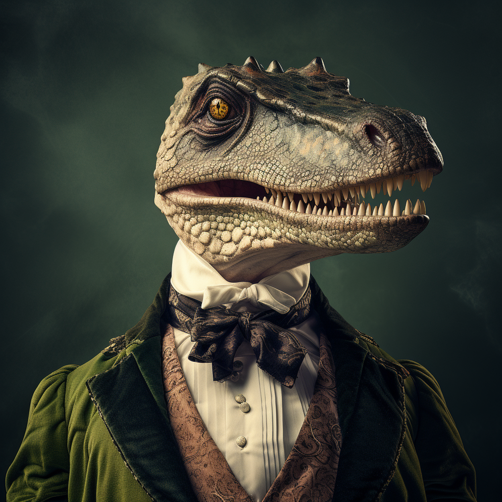 Mustached dinosaur in elegant attire