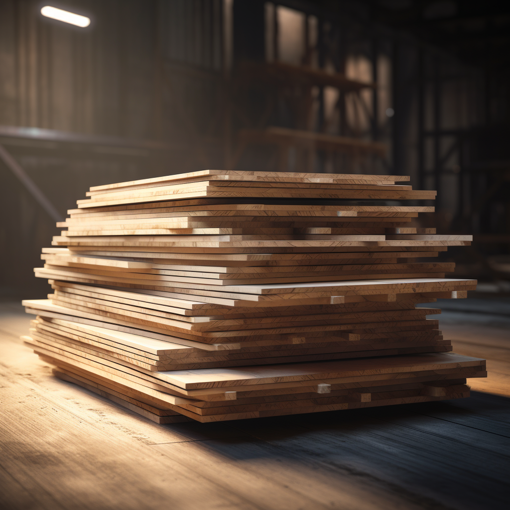 Realistic photograph of finishing boards stacked in a pile