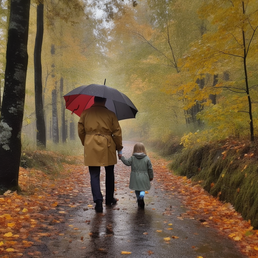 Father and child enjoying rainy November in Finland