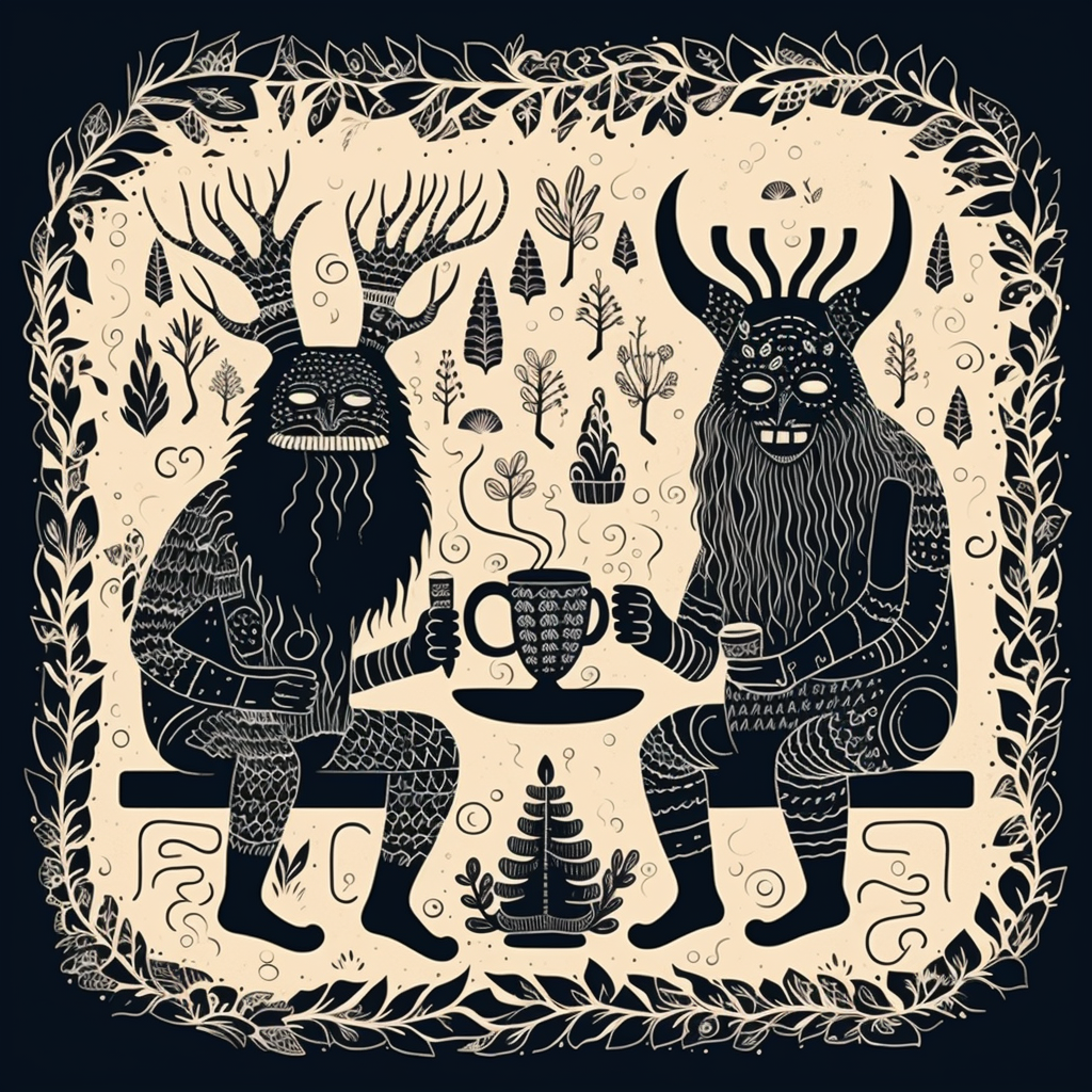 Two men with a Finnish forest spirit and coffee