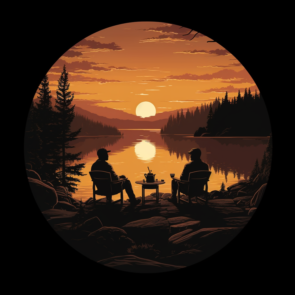 Silhouette men by campfire sipping coffee from guksis