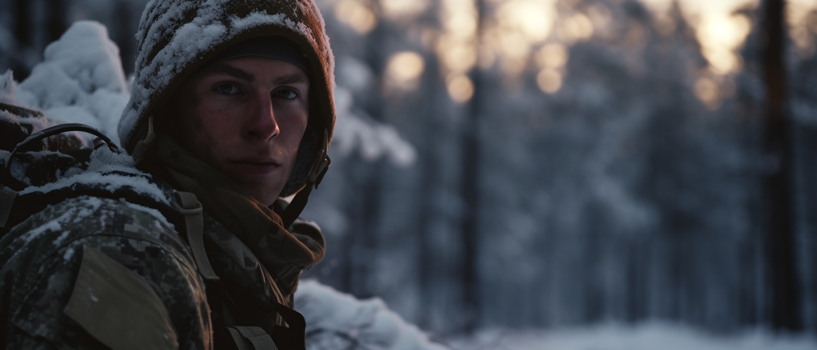 Finnish soldier in winter forest with rifle