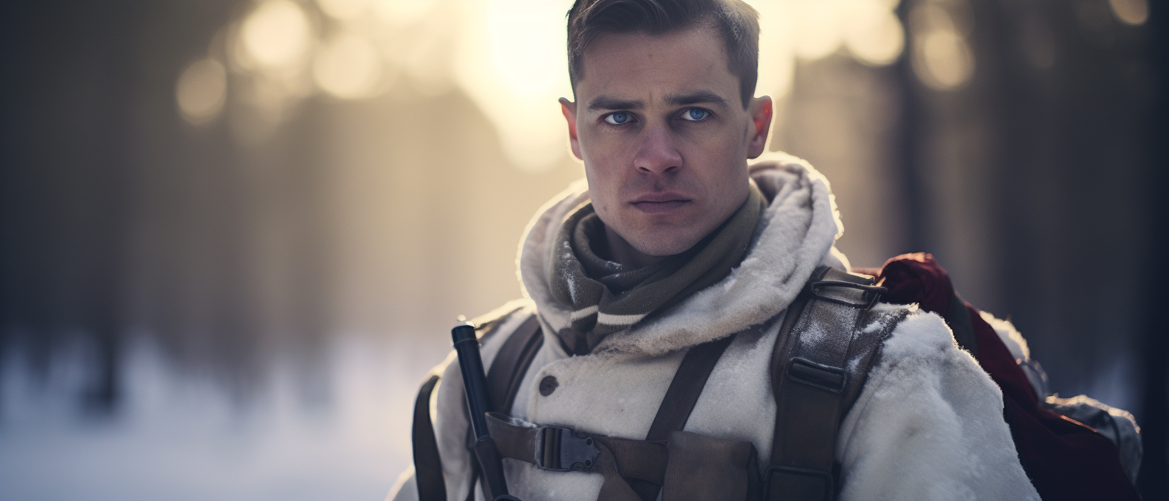 Finnish soldier in winter forest with rifle