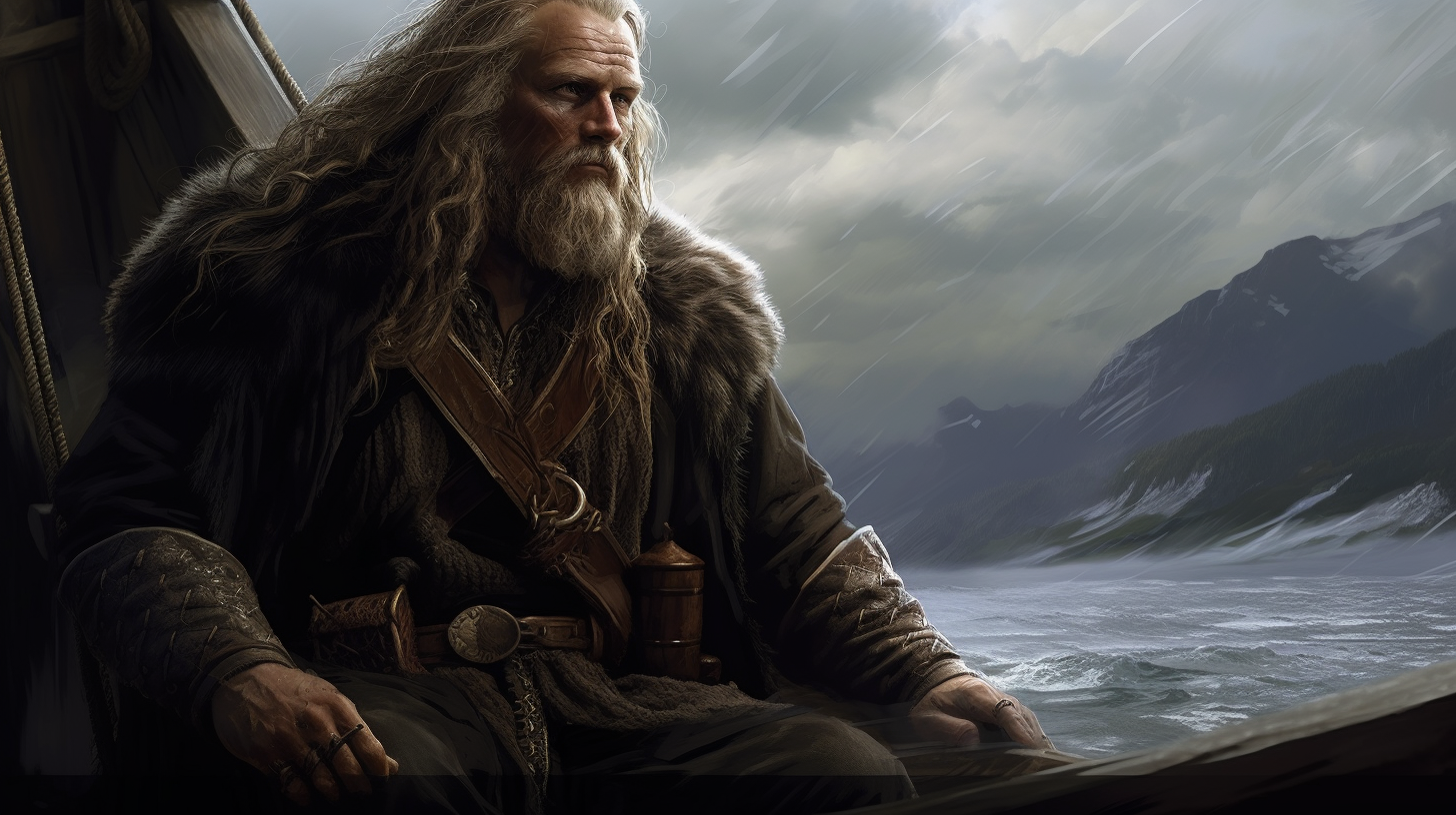 Realistic portrayal of Finnish Nordic hero Väinämöinen sailing