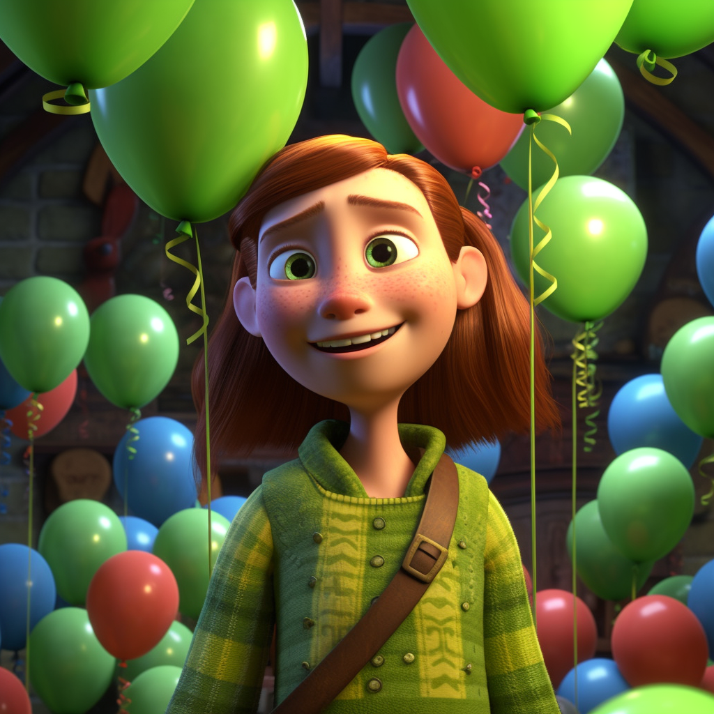 Fiona from Shrek in birthday scene with green balloons