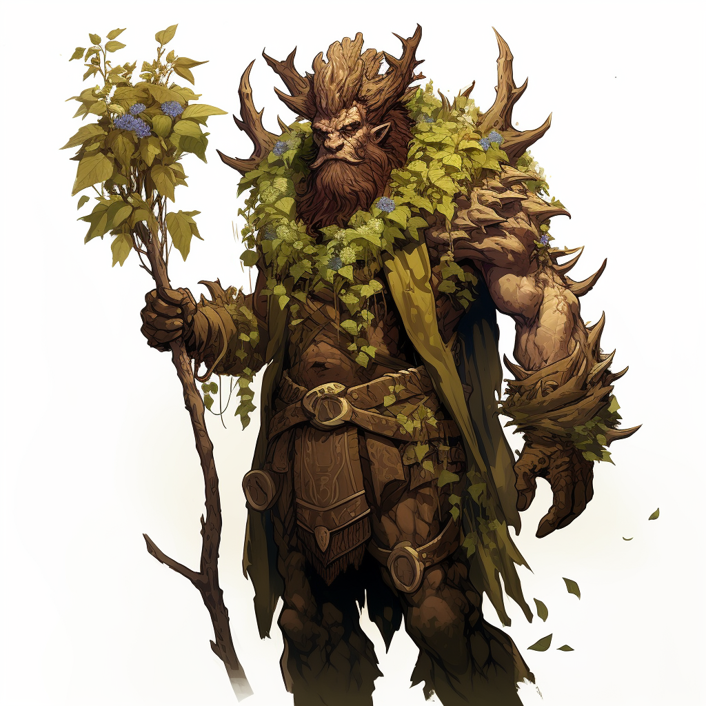 Firbolg Druid carrying gnarled staff adorned with leaves