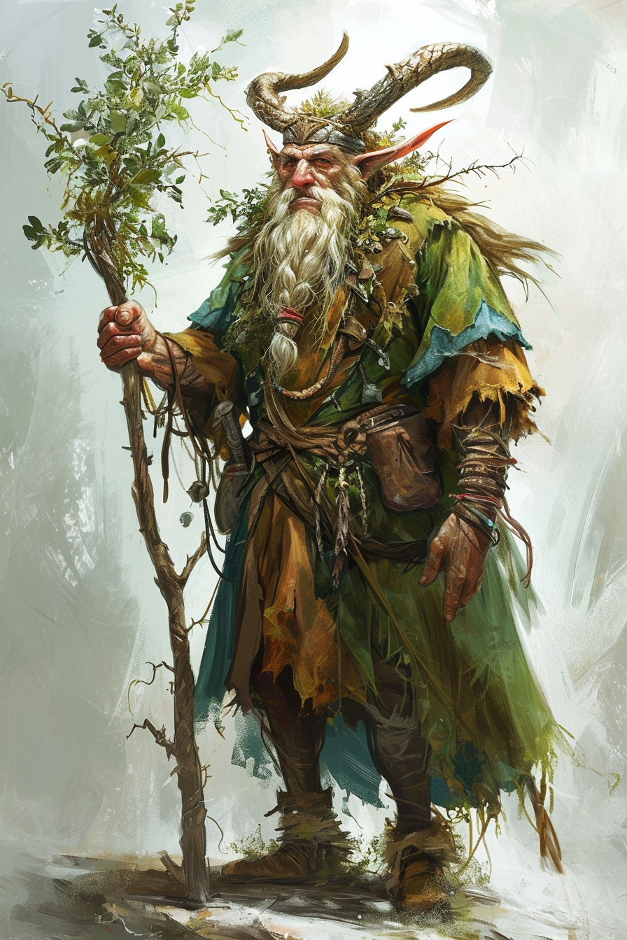 Jolly firbolg male in druid attire