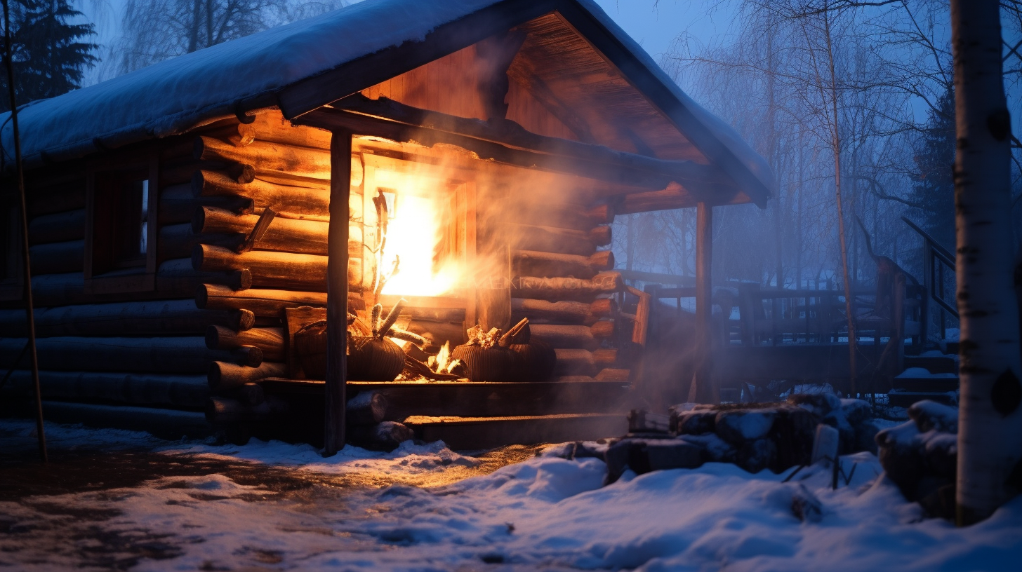 A serene scene of fire and ice in a small wooden hut