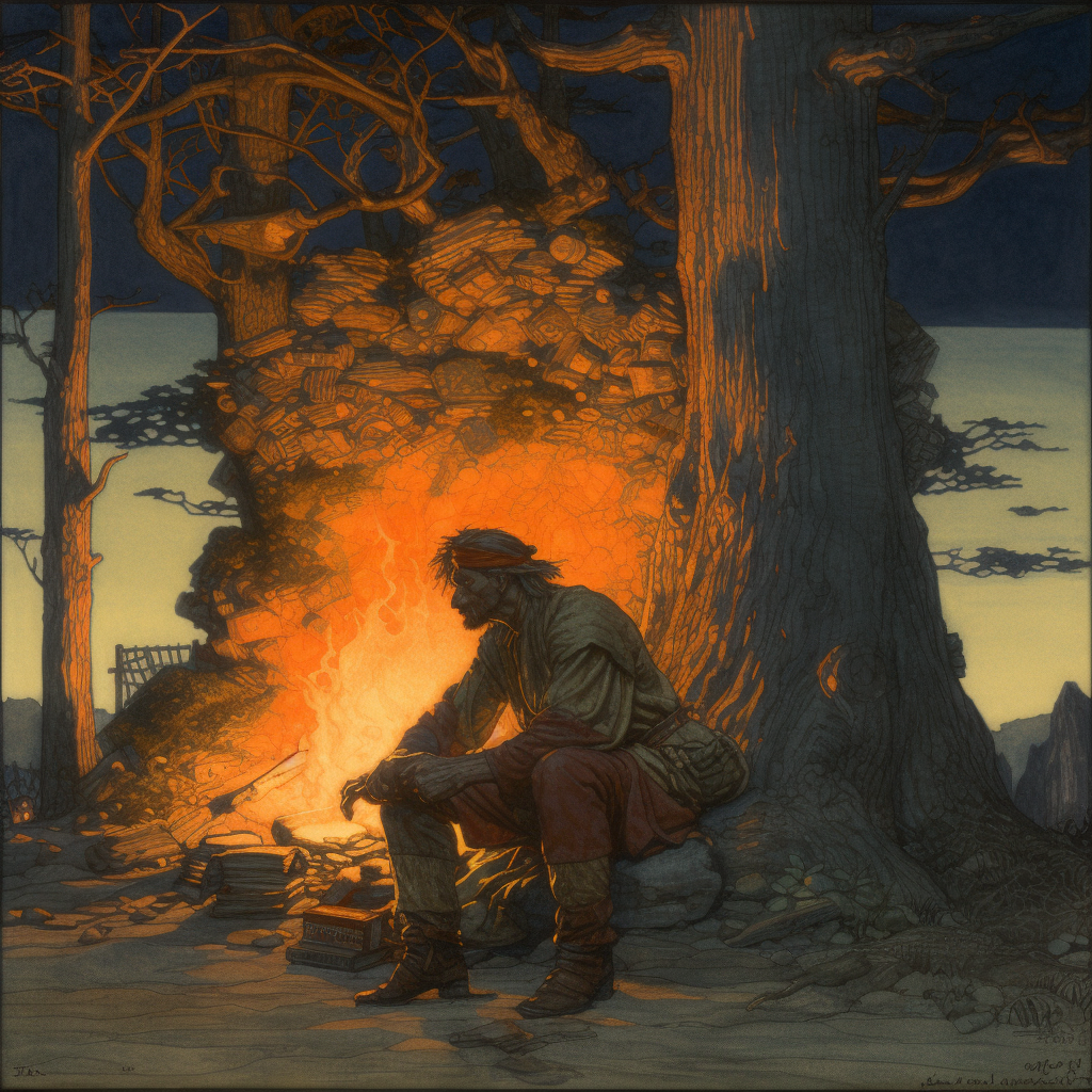 Travelling man enjoying a fire