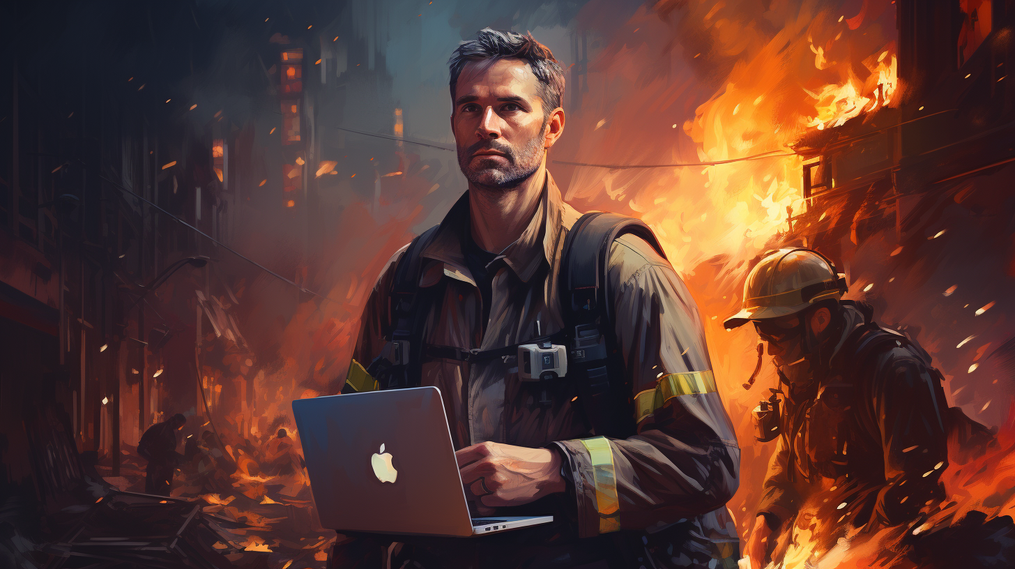 Firefighter rescuing businessman with computer in flames