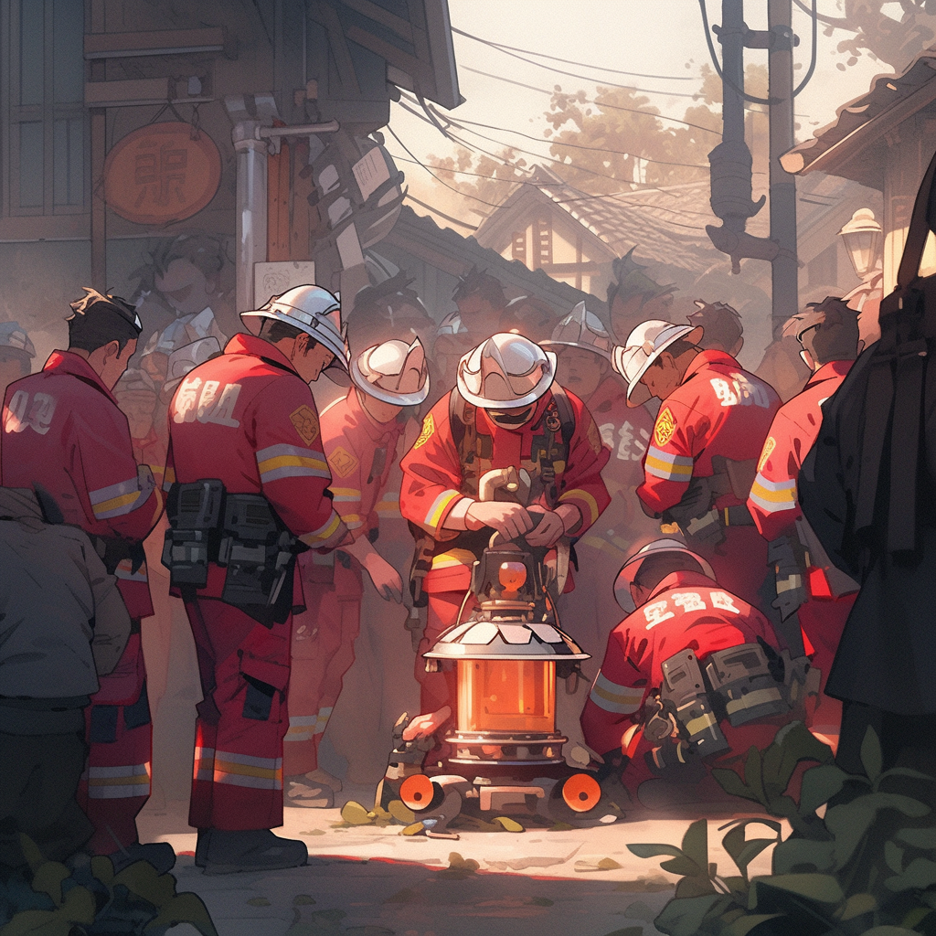 Brave firefighter with fellow team members