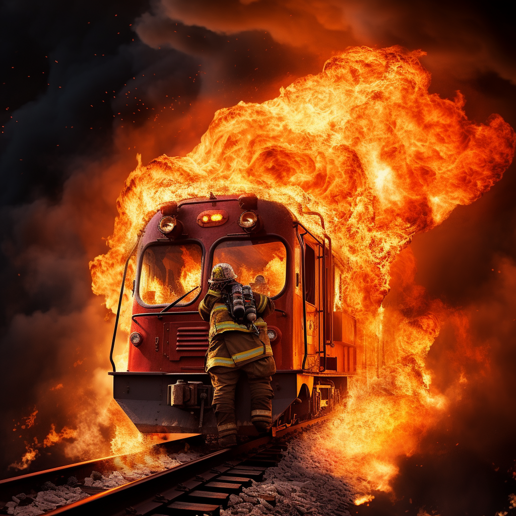 Firefighter riding on top of a burning train