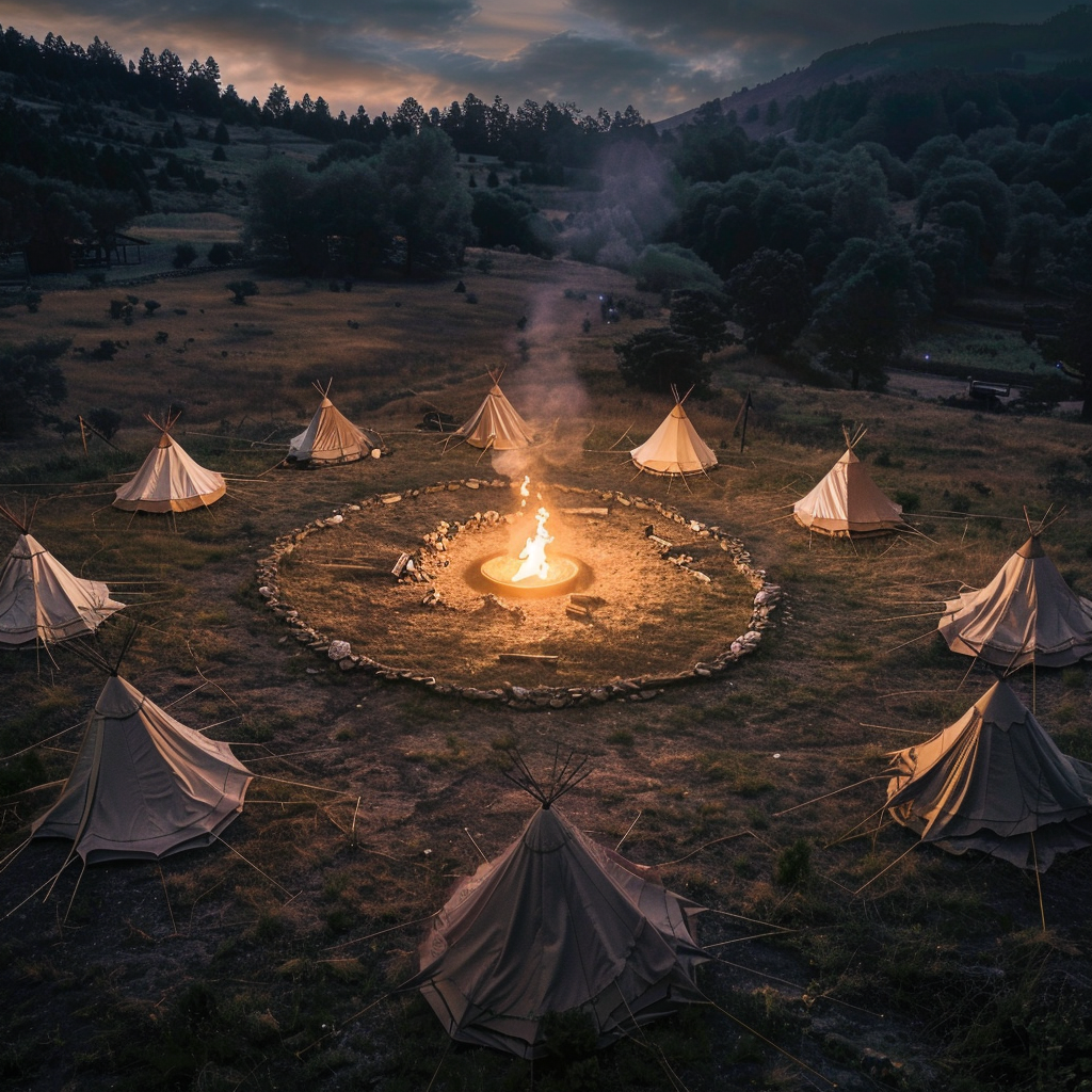 Medieval tents surrounding firepit circle