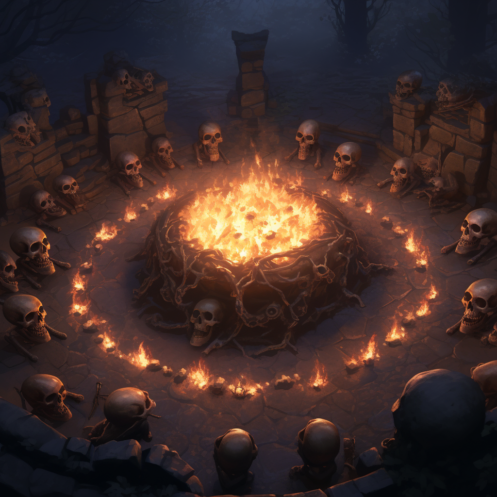 Firepit with enemy skulls