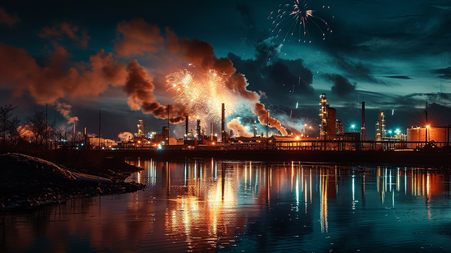 Vibrant fireworks illuminating chemical plant