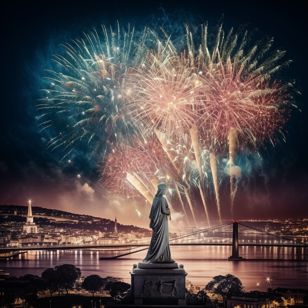 Beautiful Fireworks in Lisbon at Night