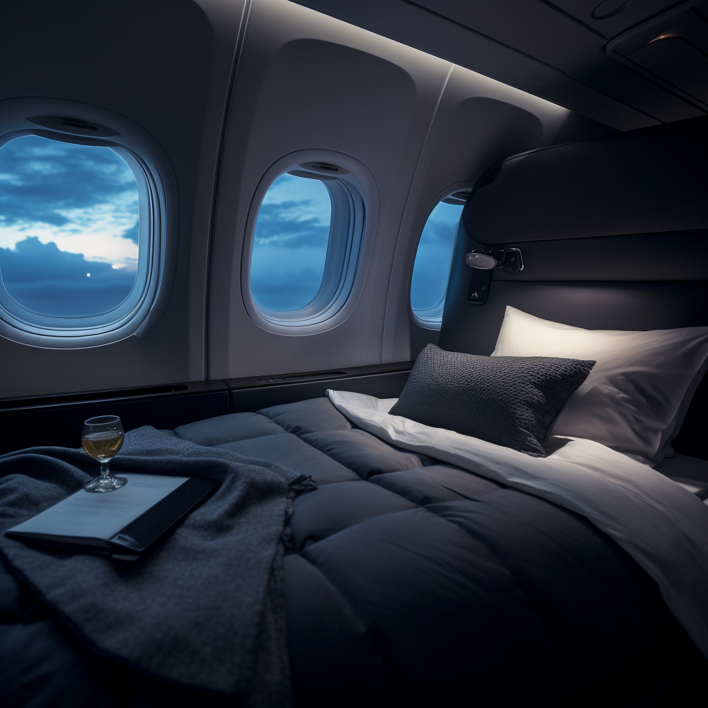 First class plane flight bed with dark gray blanket and navy blue sheet