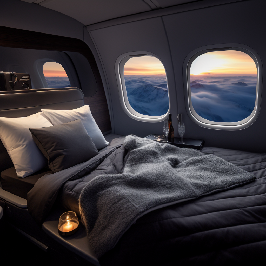 Luxurious first class flight bed with view outside