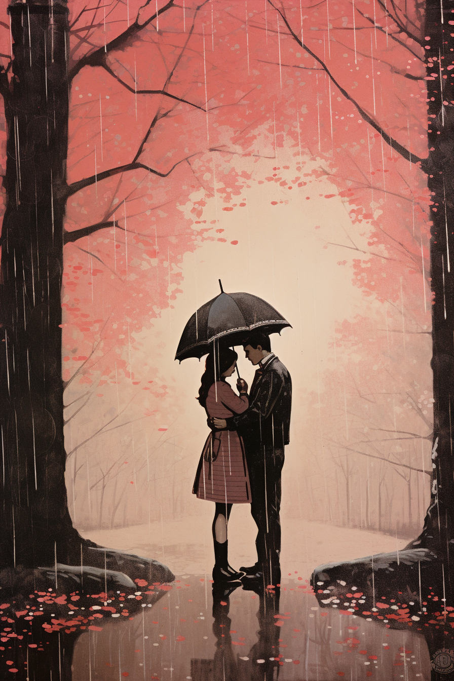 Romantic couple embracing on a rainy day