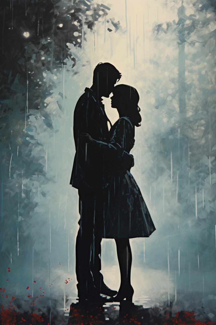 Silhouette of first love on a rainy day in the 1960s