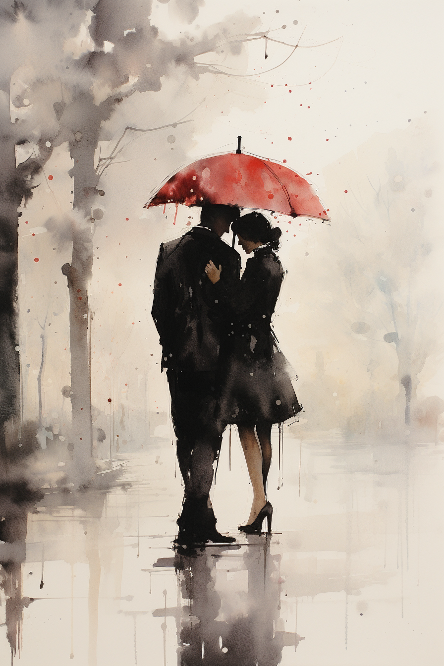 Romantic first love rainy day watercolor silhouette