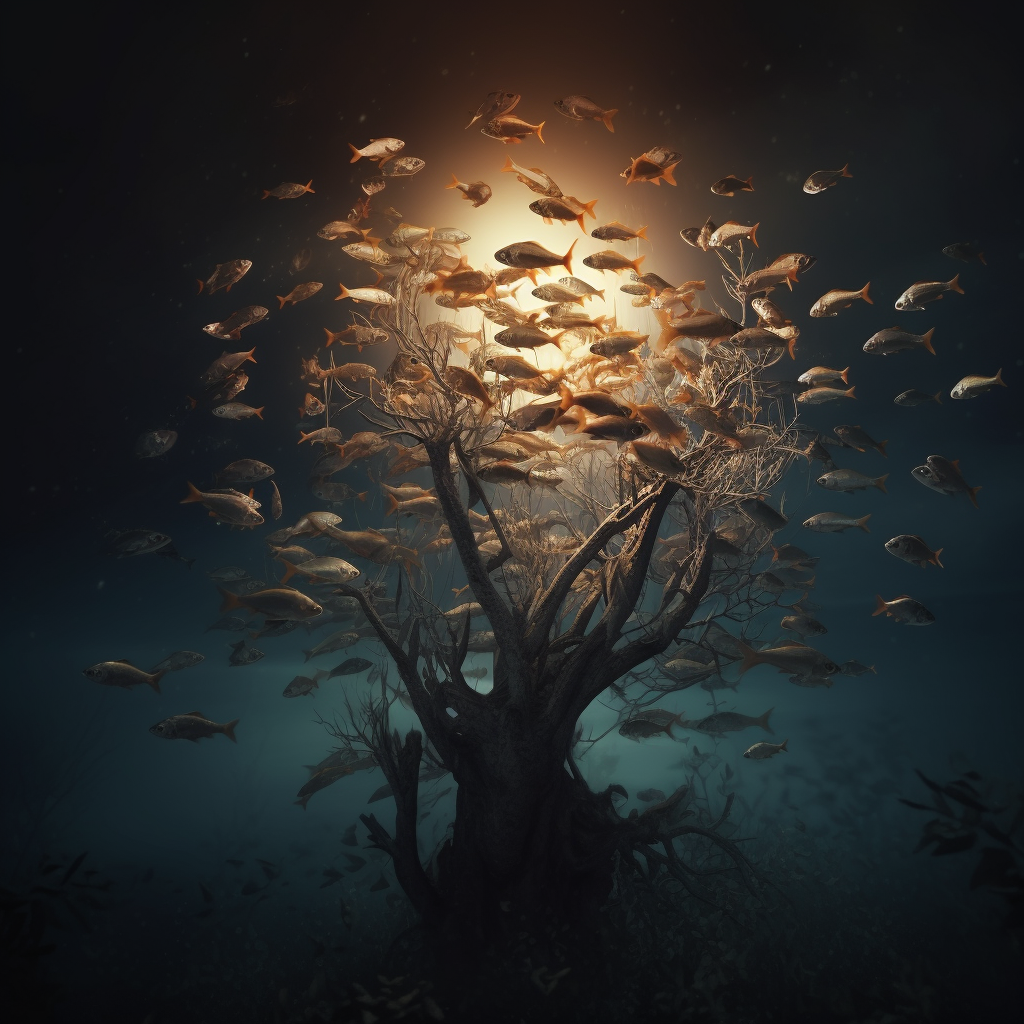 Fish Climbing Tree on Dark Background