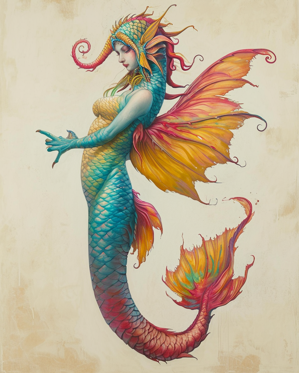 Colorful fish-human chimera artwork