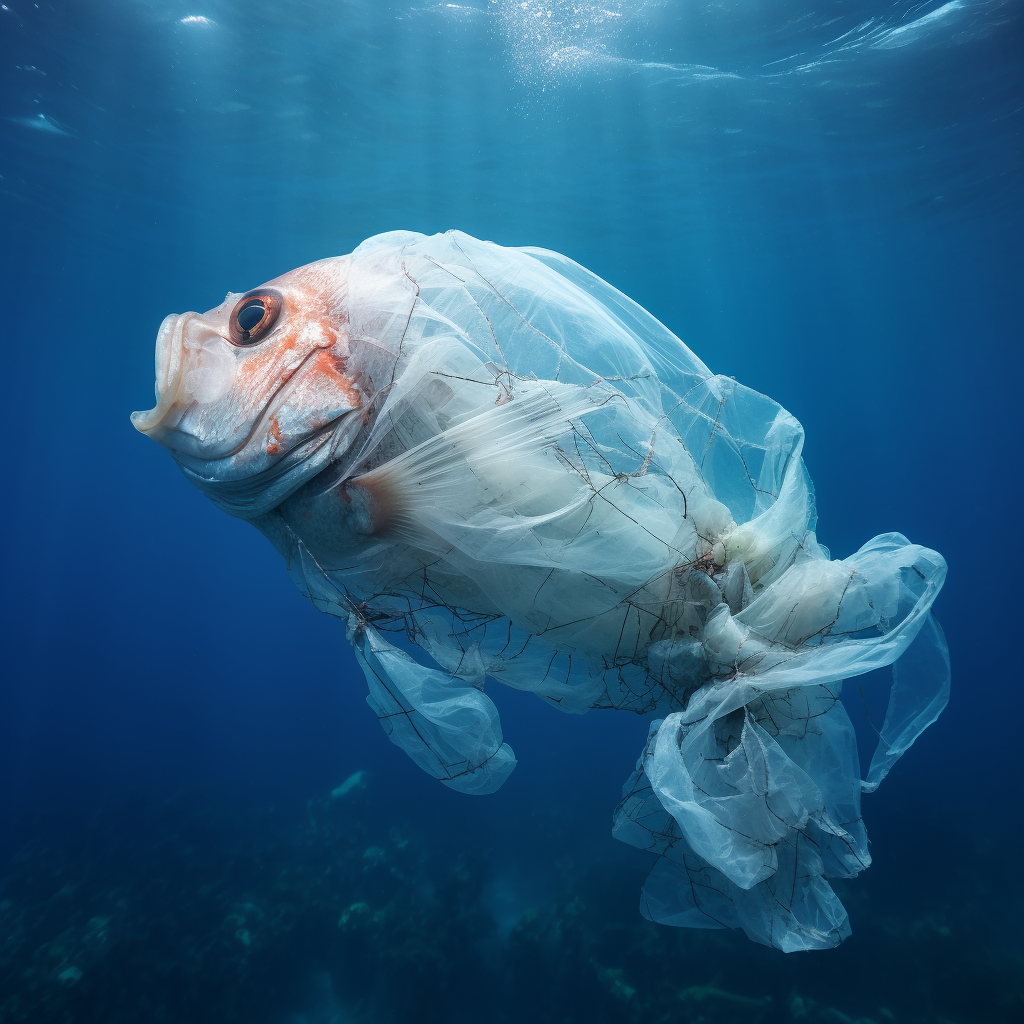 Fish trapped in plastic waste in the sea