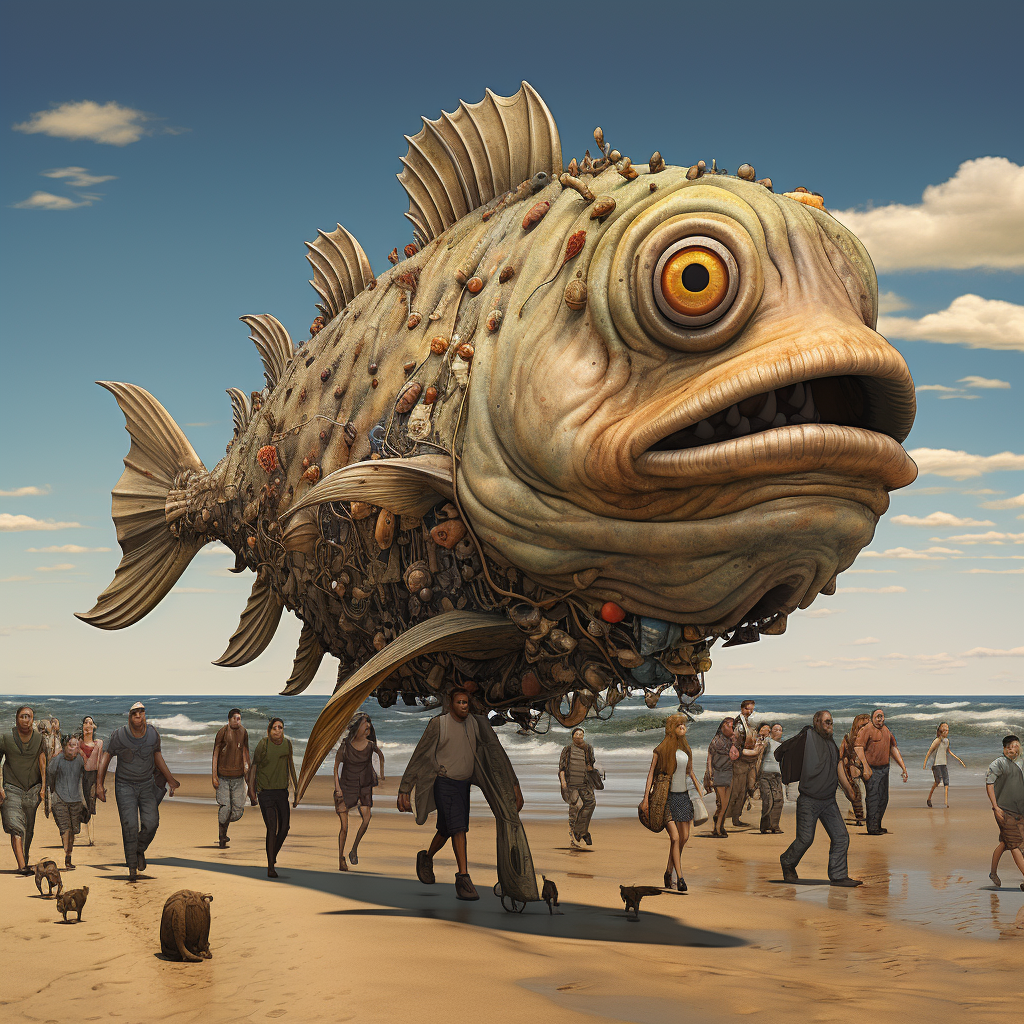 Fish walking on beach with fish-sized humans