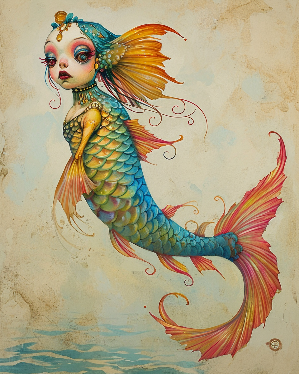 Colorful fish-woman chimera art inspired by Mark Ryden