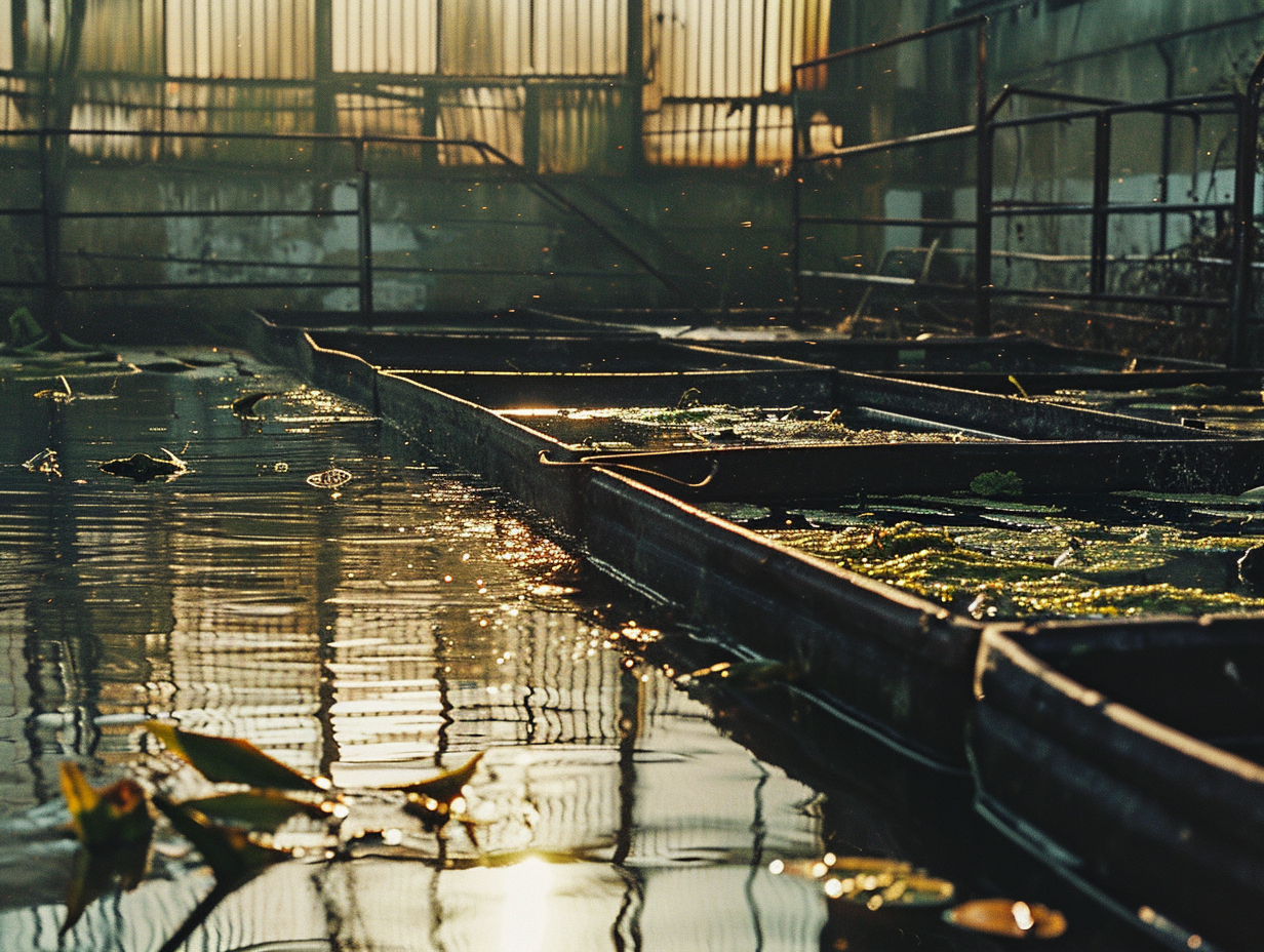 Fish farm scene with overfishing and polluted waters