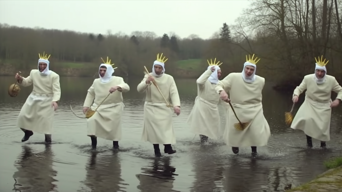 Humorous fish slapping dance in Monty Python style