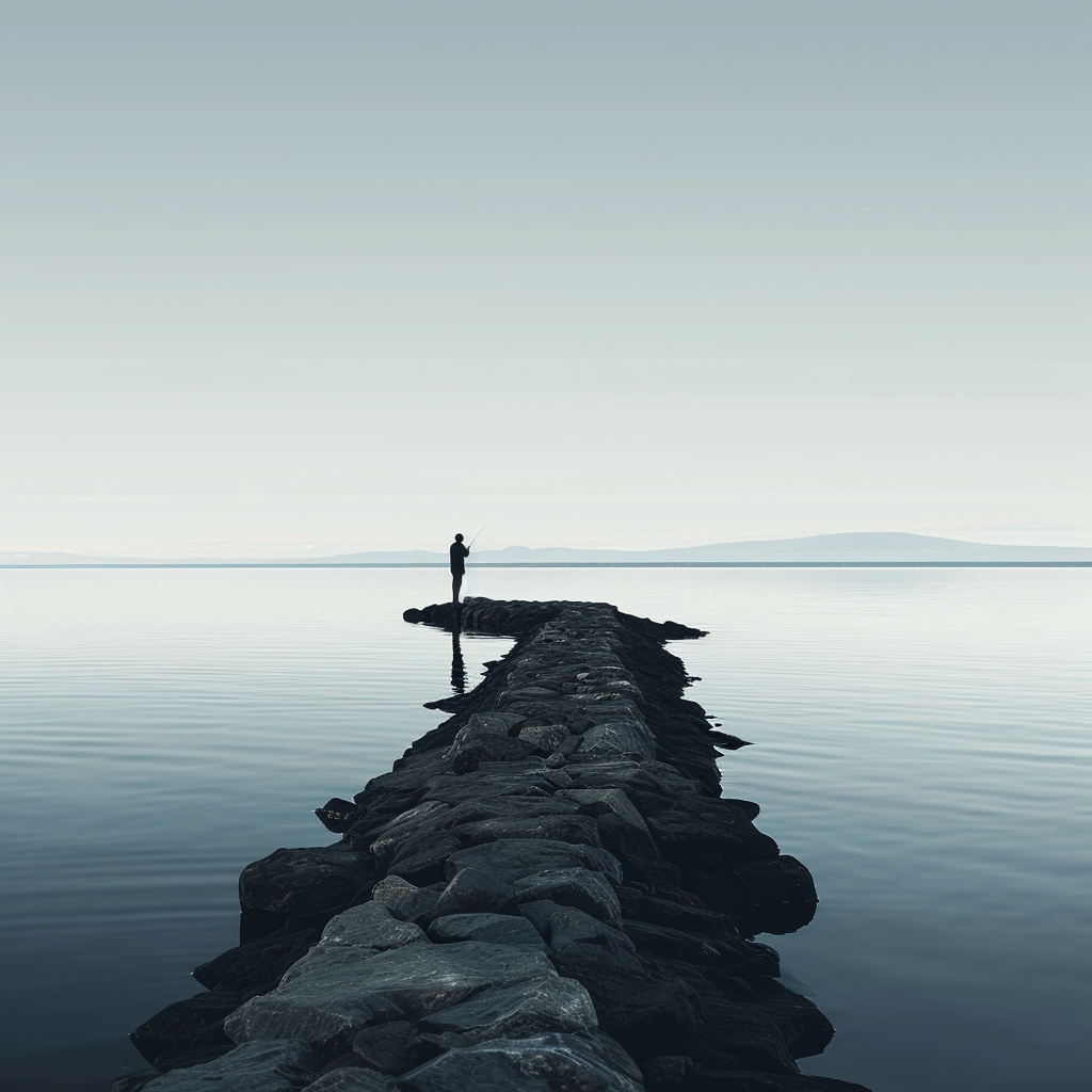 Fisherman making final cast on rock jetty