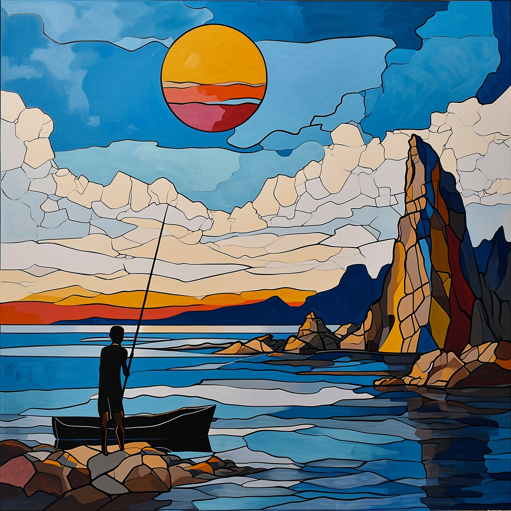 Seascape with Fisherman on Island in Mondrian Style