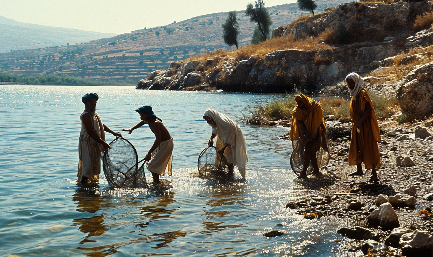 Fisherman casting nets in 1st century Palestine