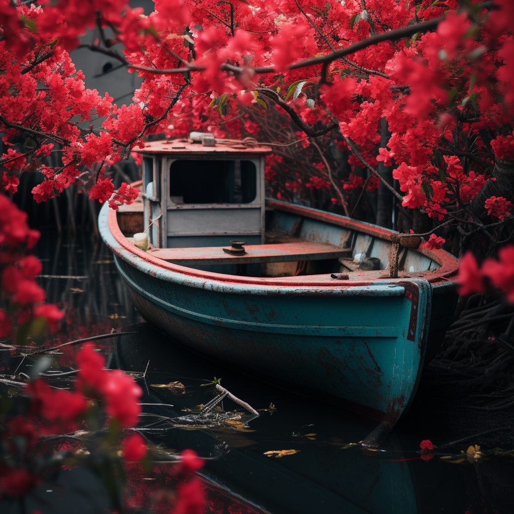 Serene fishing boat in a crimson garden