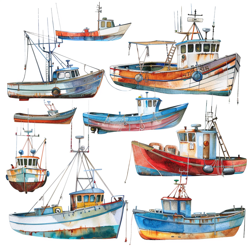 Fishing Boats Clipart Watercolor Set