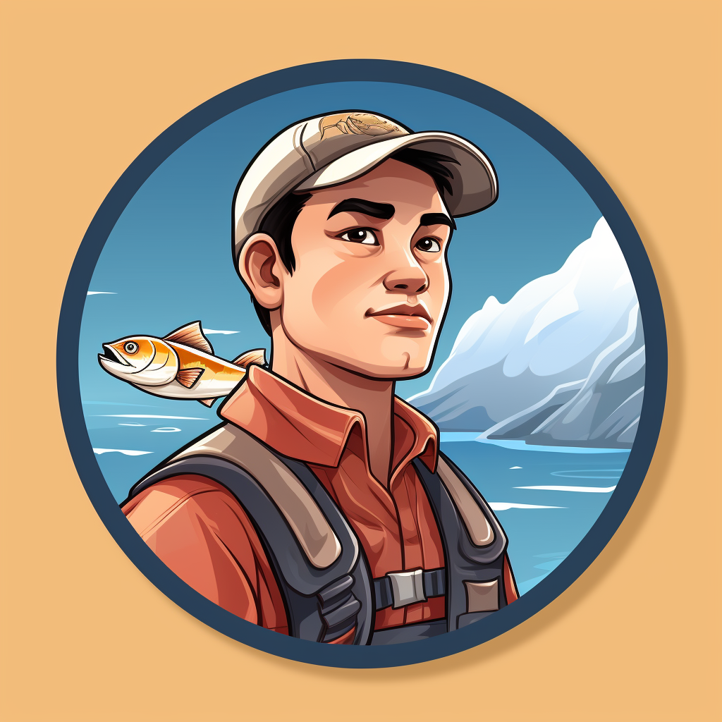 Asian man with fishing gear shop staff sticker logo