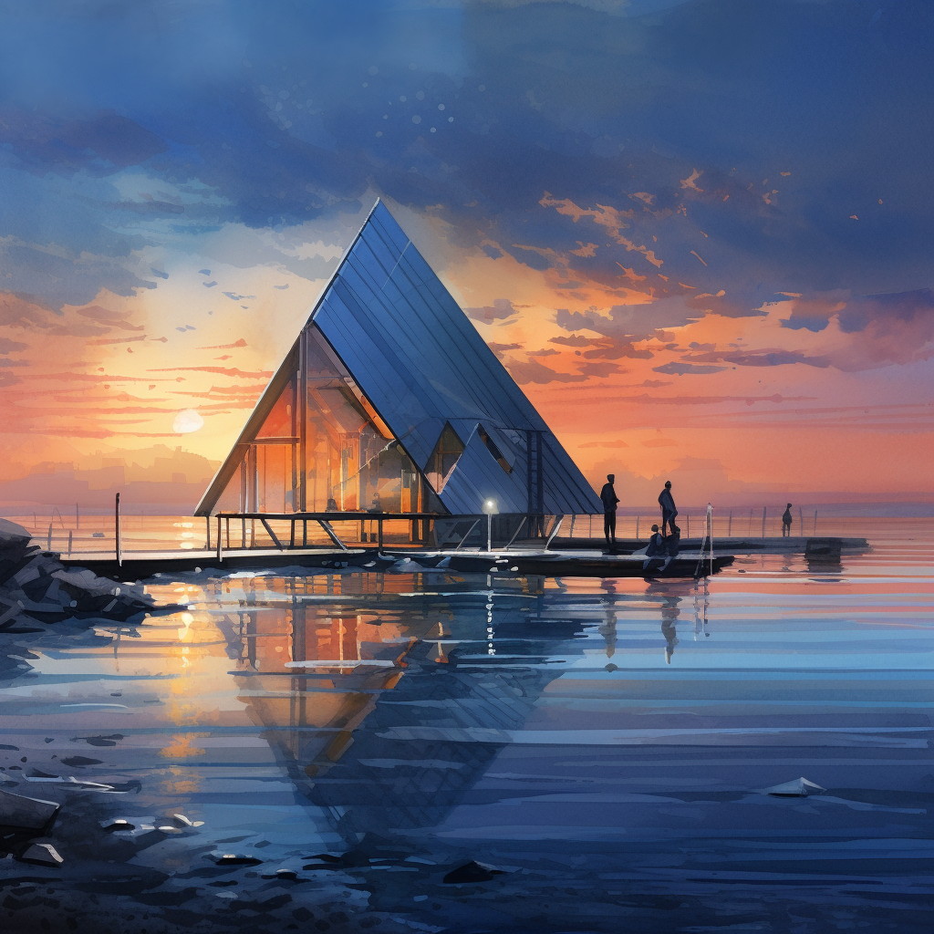 Architectural rendering of seaside view with metal ziggurats