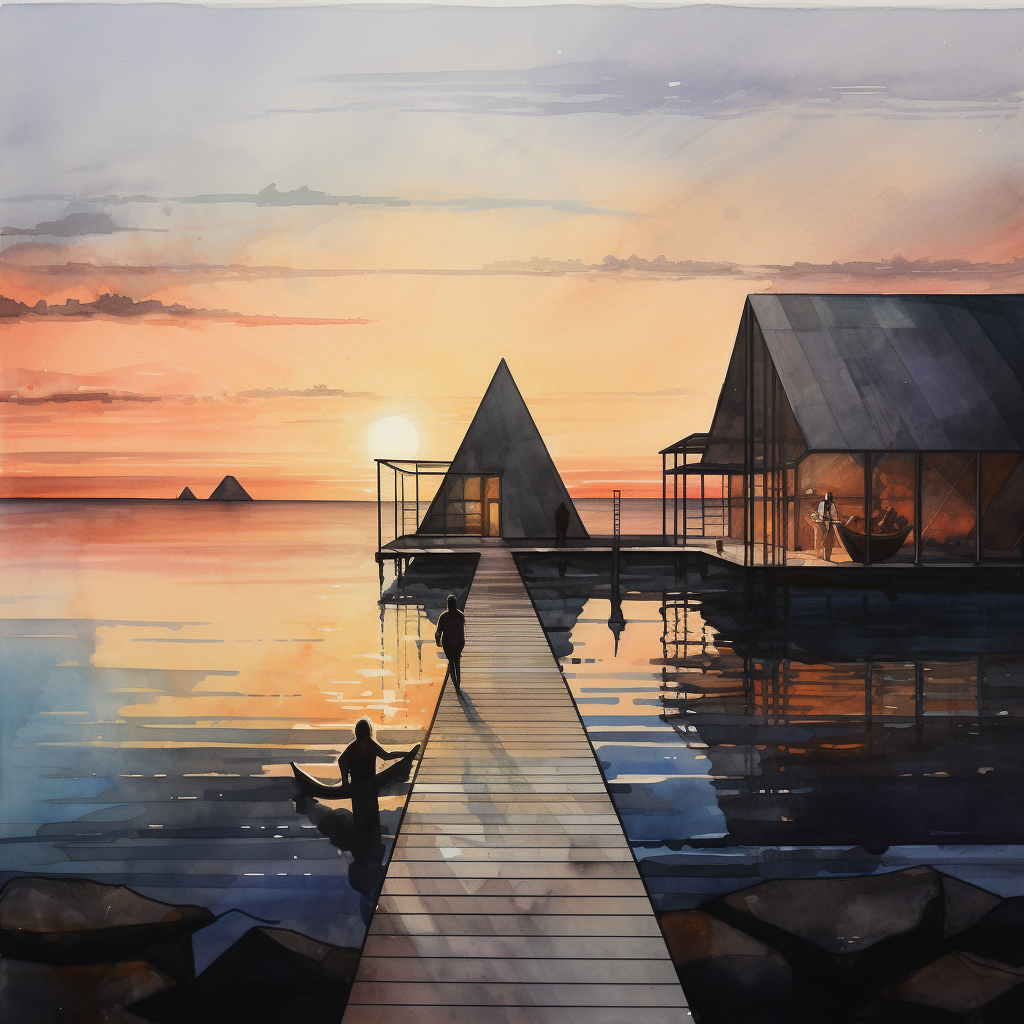 Architectural watercolor rendering of seaside view